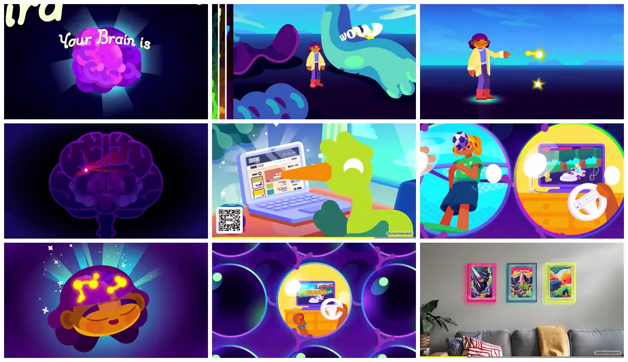 Nine frames from across Memories inside a purple brain