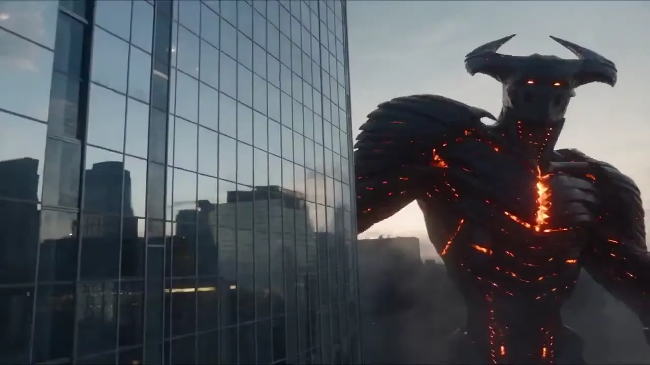 Frame from Molten-armored giant in a city