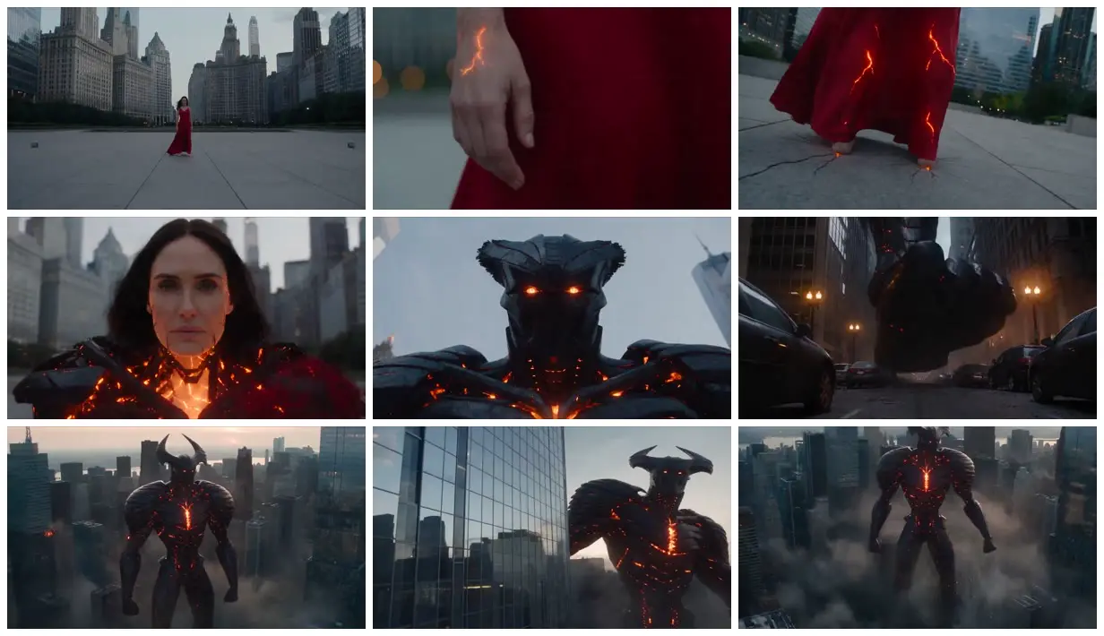 Nine frames from across Molten-armored giant in a city