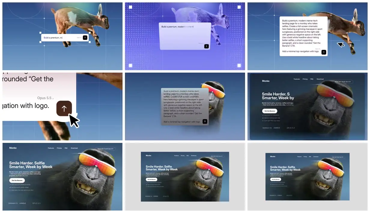 Nine frames from across Monkey selfie landing page reveal