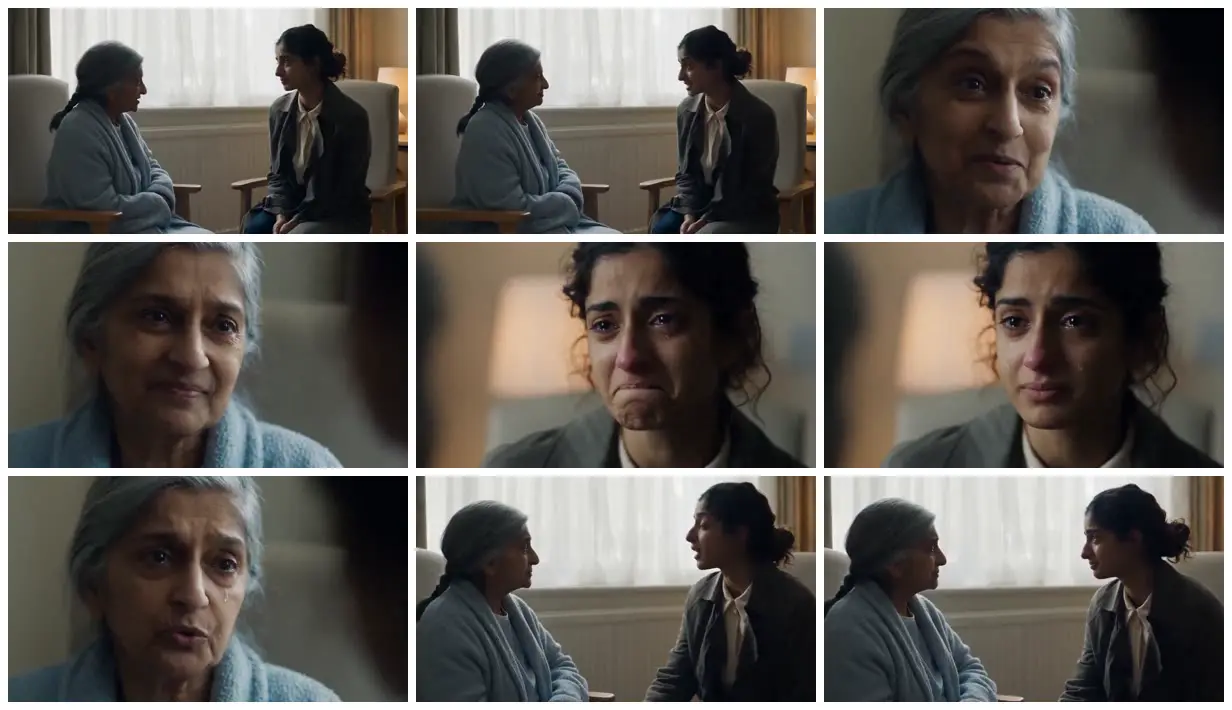 Nine frames from across Mother and daughter beside a window