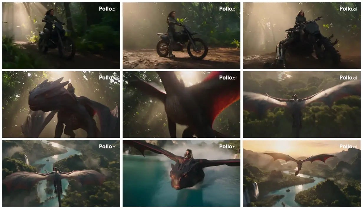 Nine frames from across Motorcycle dragon in a golden jungle