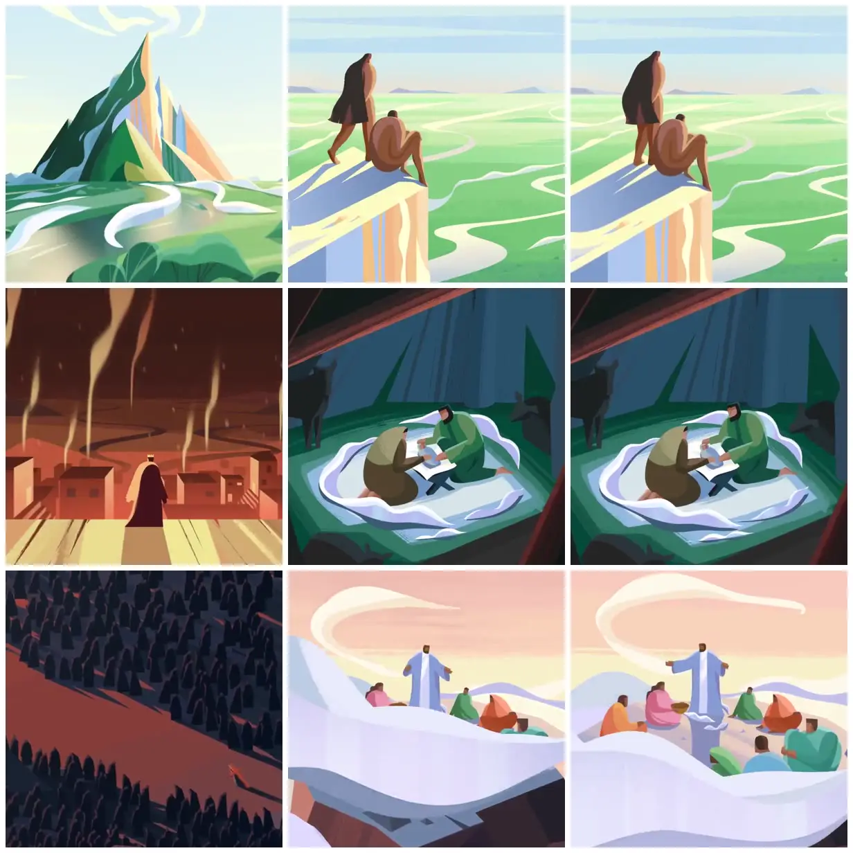 Nine frames from across Mountains and biblical encounters