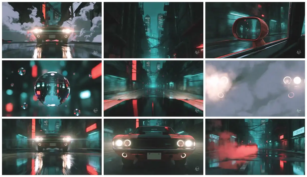 Nine frames from across Muscle car in neon rain