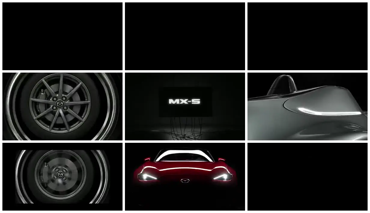 Nine frames from across MX-5 details in a black studio