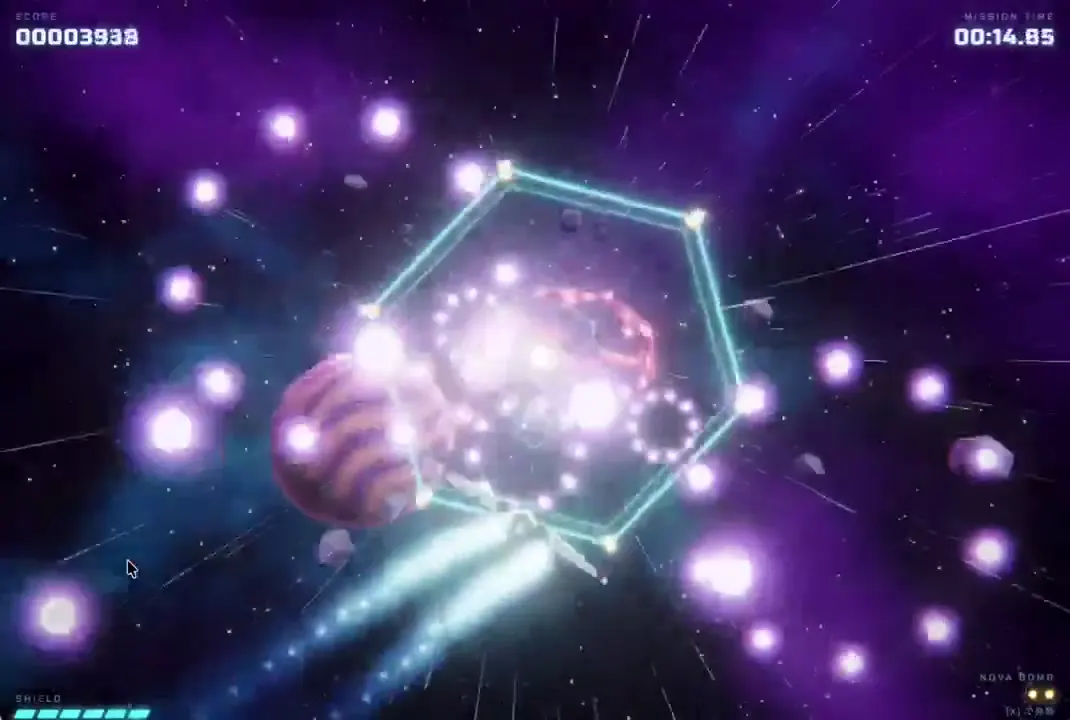 Frame from Neon rings in a purple starfield