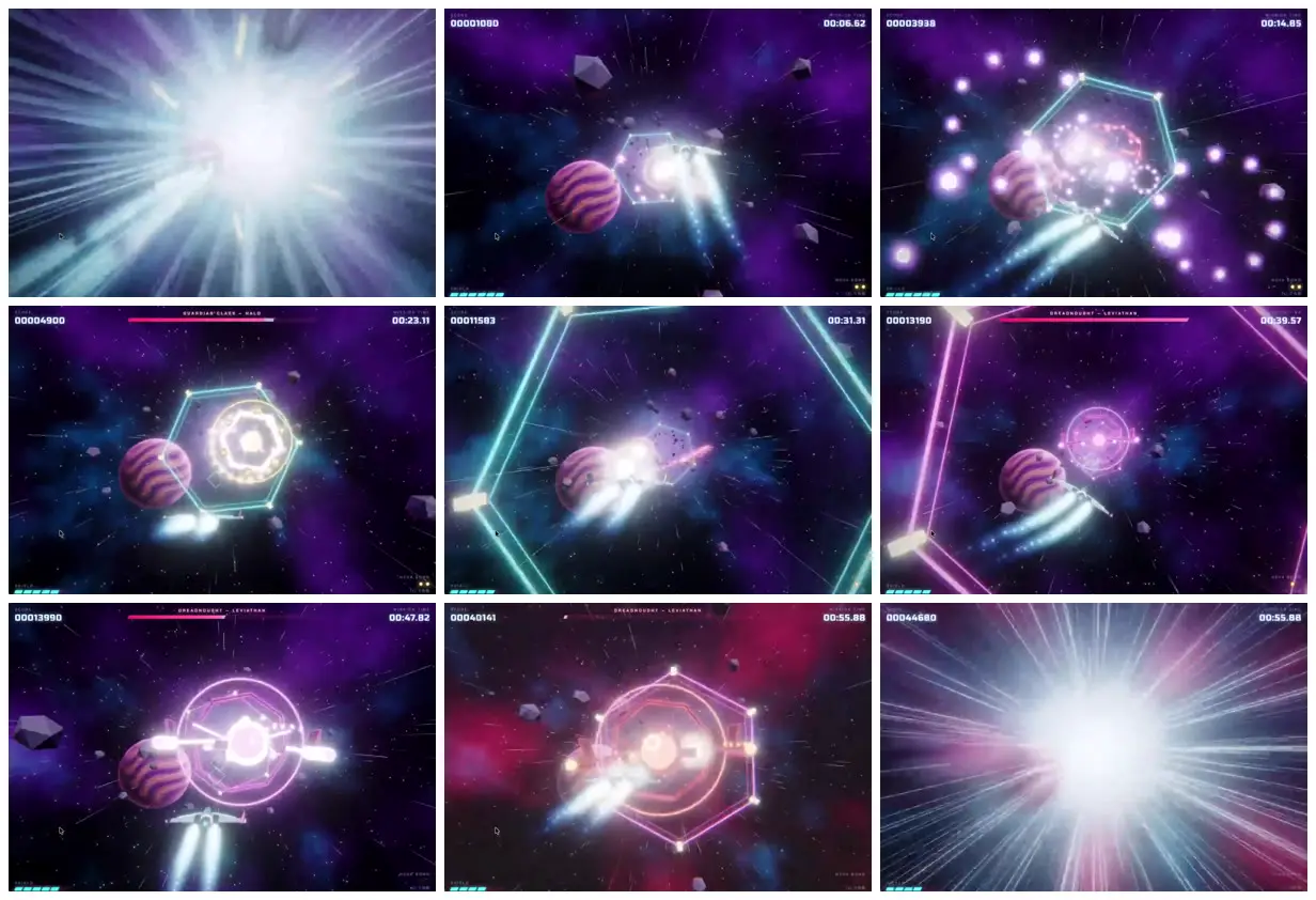 Nine frames from across Neon rings in a purple starfield