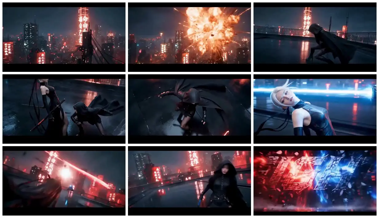 Nine frames from across Neon rooftop sword duel