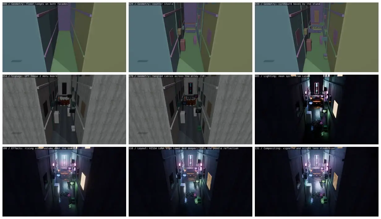Nine frames from across Neon signs above a rain-dark alley