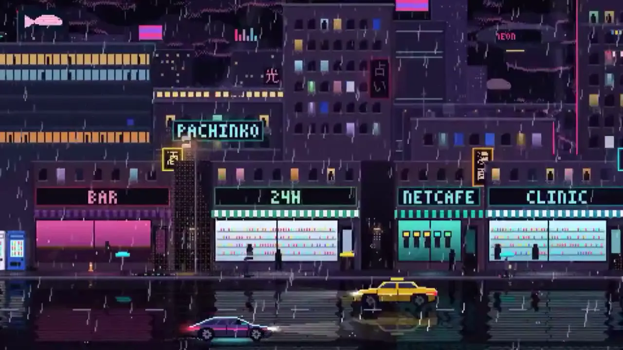 Frame from Neon storefronts in a rainy pixel city