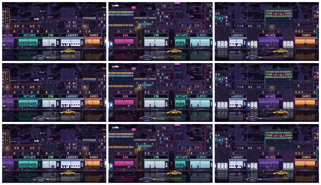 Nine frames from across Neon storefronts in a rainy pixel city