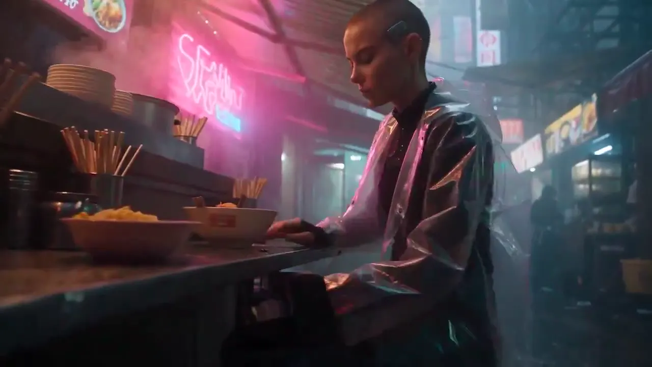 Frame from Netrunner at a neon noodle stall