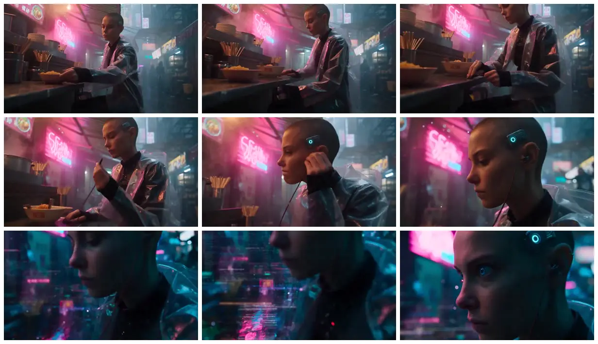Nine frames from across Netrunner at a neon noodle stall