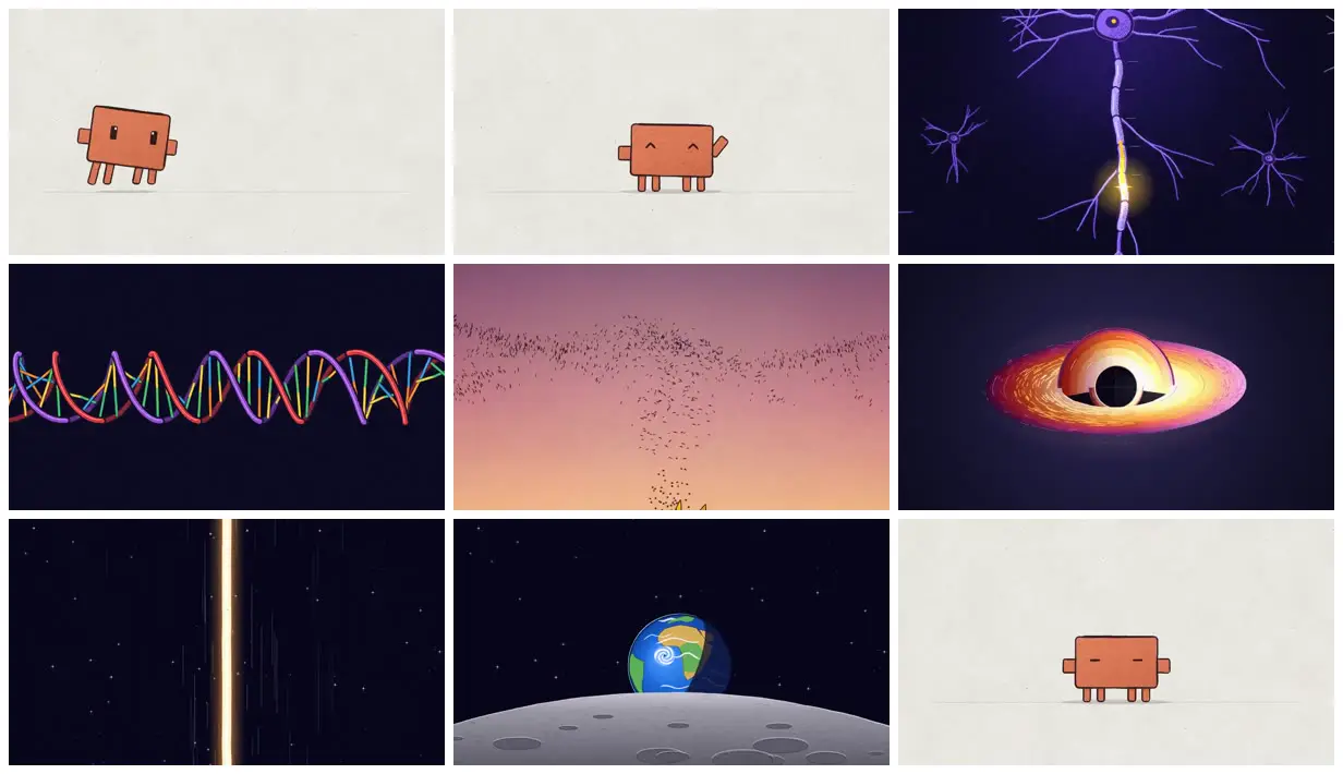 Nine frames from across Neurons, DNA and cosmic diagrams