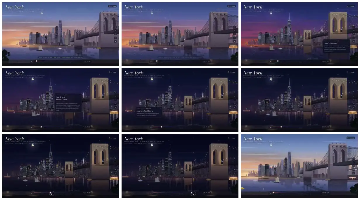 Nine frames from across New York skyline from dusk to night