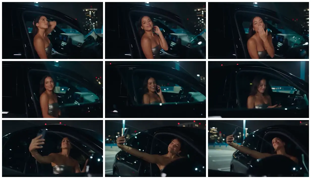 Nine frames from across Night portrait in a black car doorway