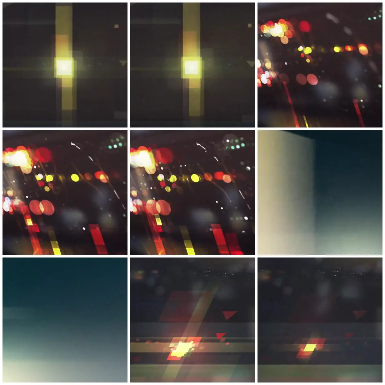 Nine frames from across Night road lights in geometric layers