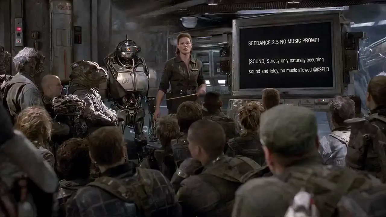 Frame from No-music briefing in a sci-fi bunker