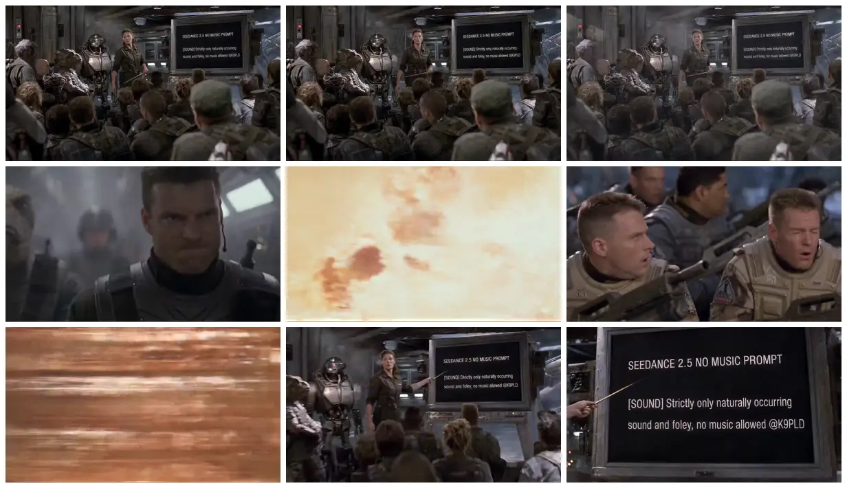 Nine frames from across No-music briefing in a sci-fi bunker