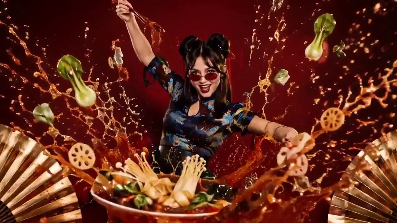 Frame from Noodle bowl against crimson and gold