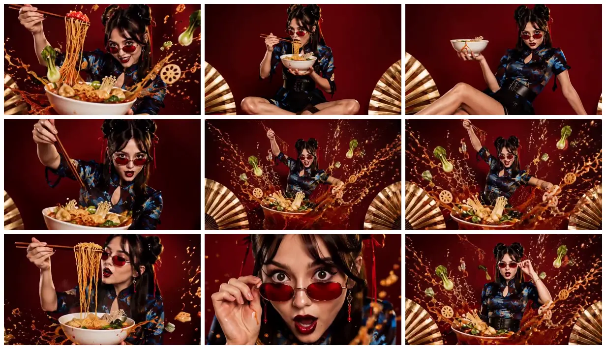 Nine frames from across Noodle bowl against crimson and gold