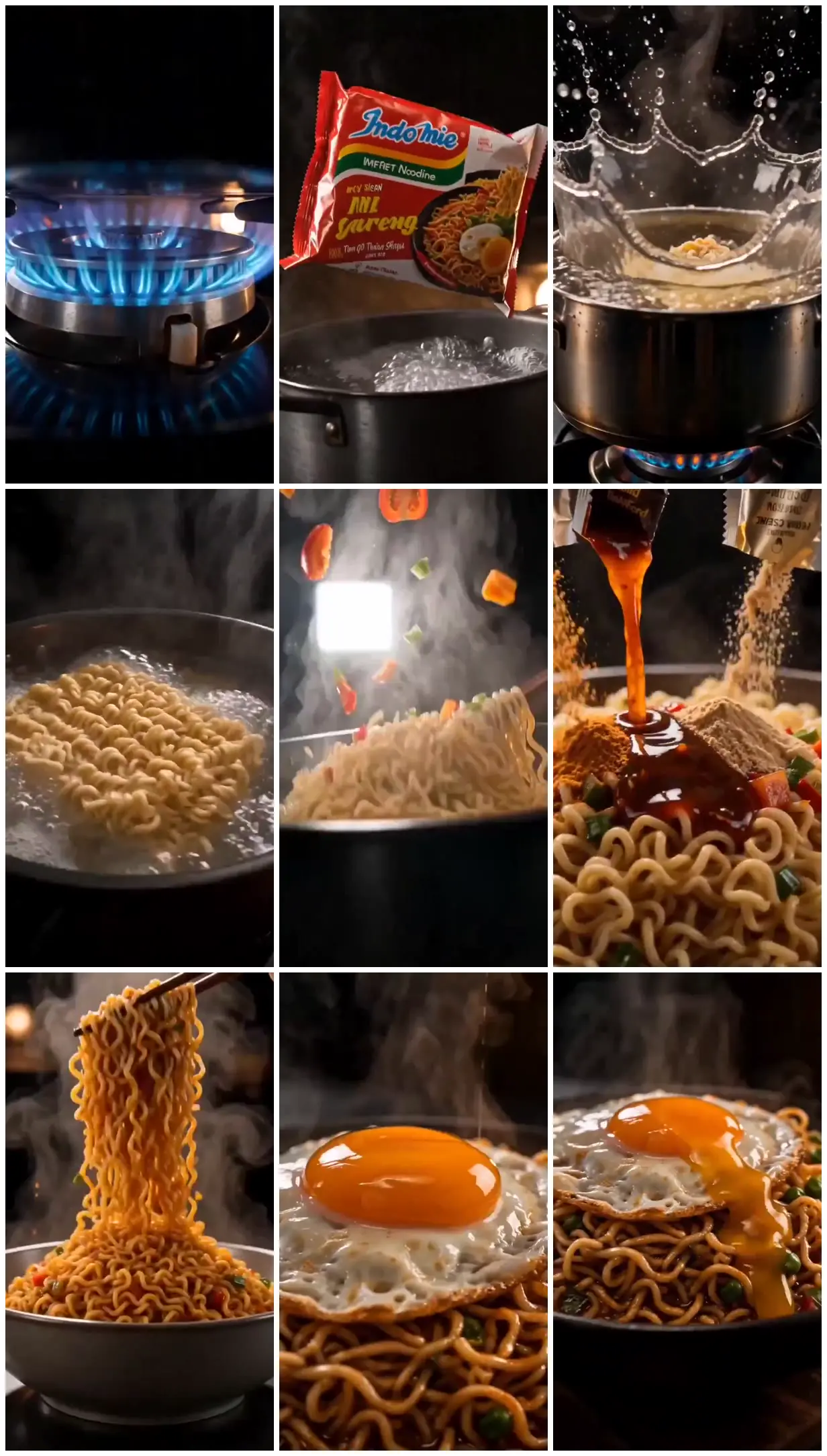 Nine frames from across Noodles with sauce and golden yolk