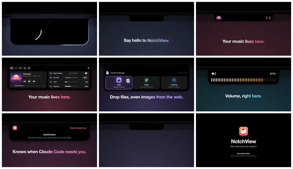 Nine frames from across NotchView feature cards