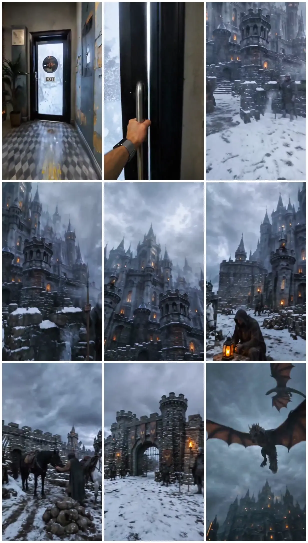 Nine frames from across Office door into a snowy fortress