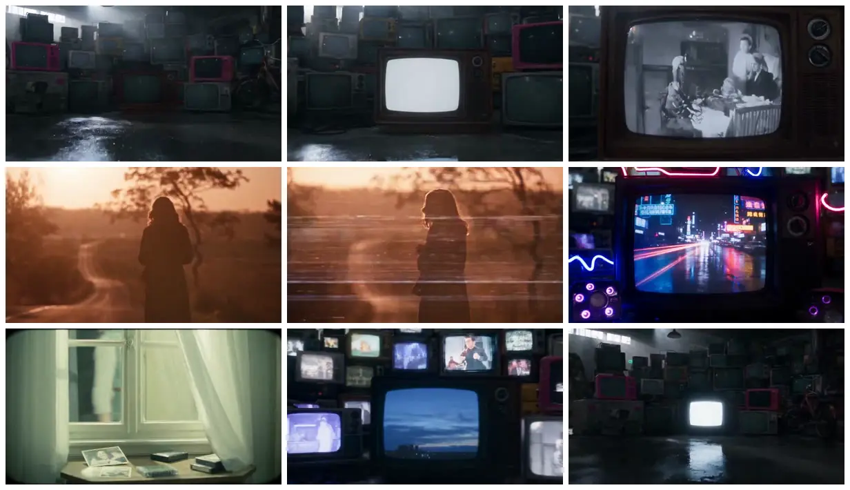 Nine frames from across Old televisions in a warehouse