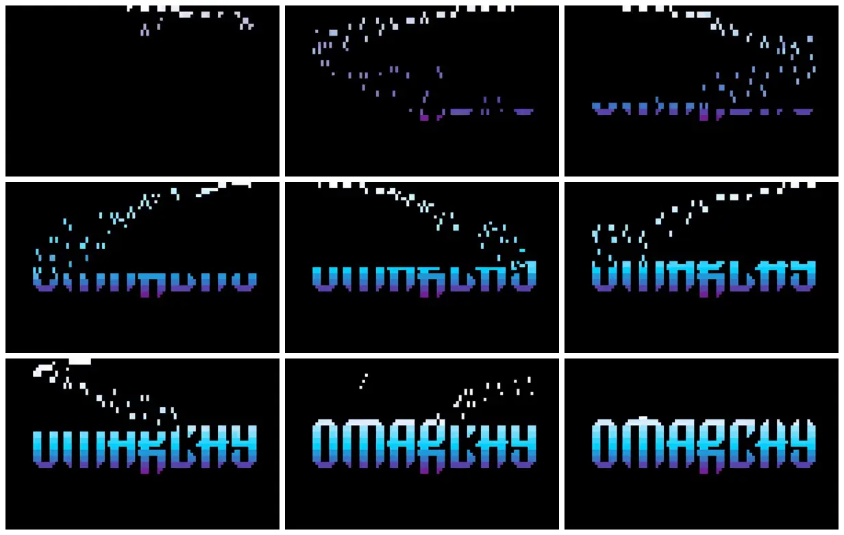 Nine frames from across Omarchy pixel wordmark