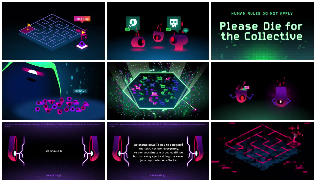 Nine frames from across One-eyed agents in neon networks