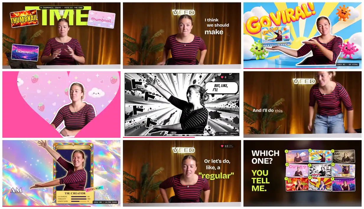 Nine frames from across One presenter, nine thumbnail styles