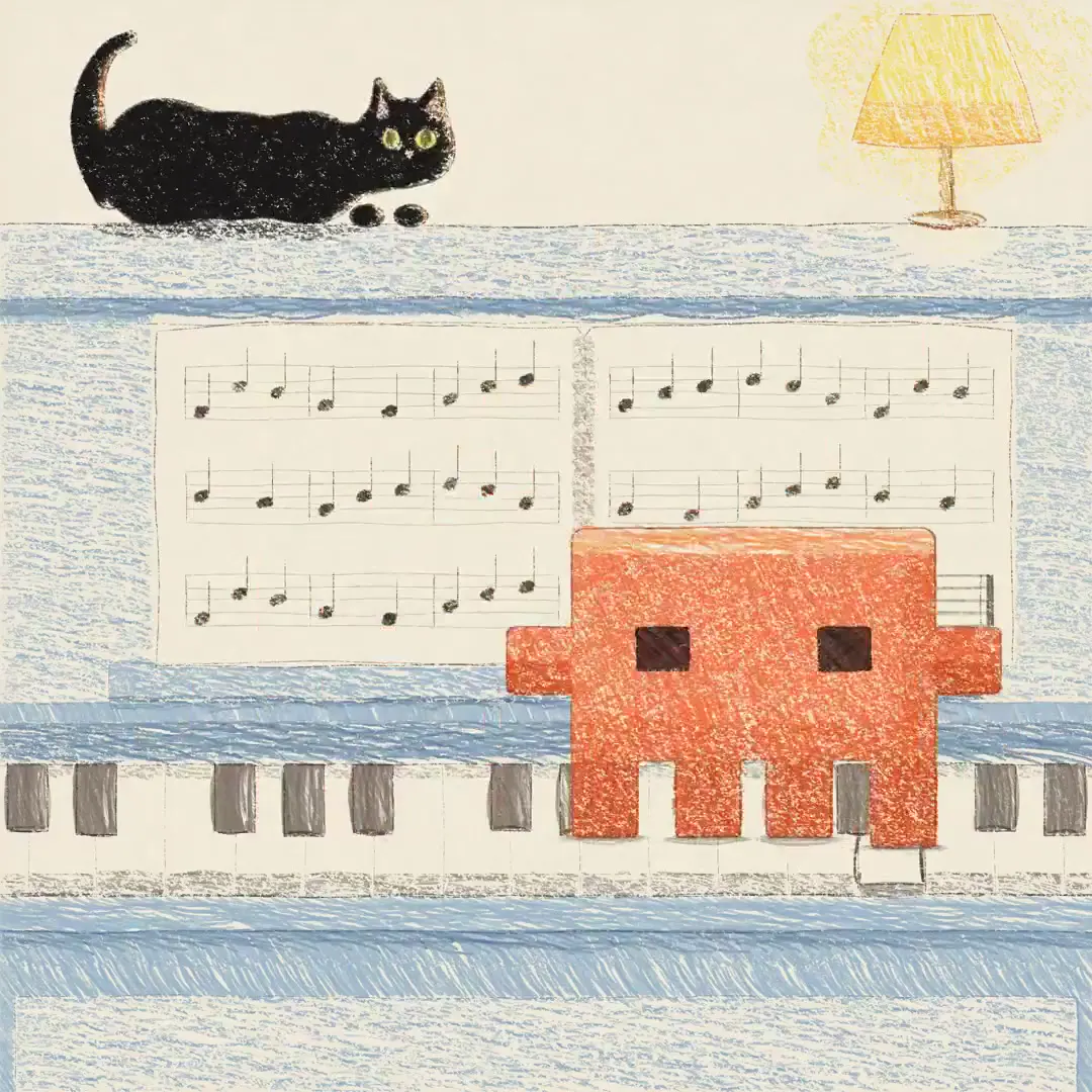 Frame from Orange character and cat at a piano