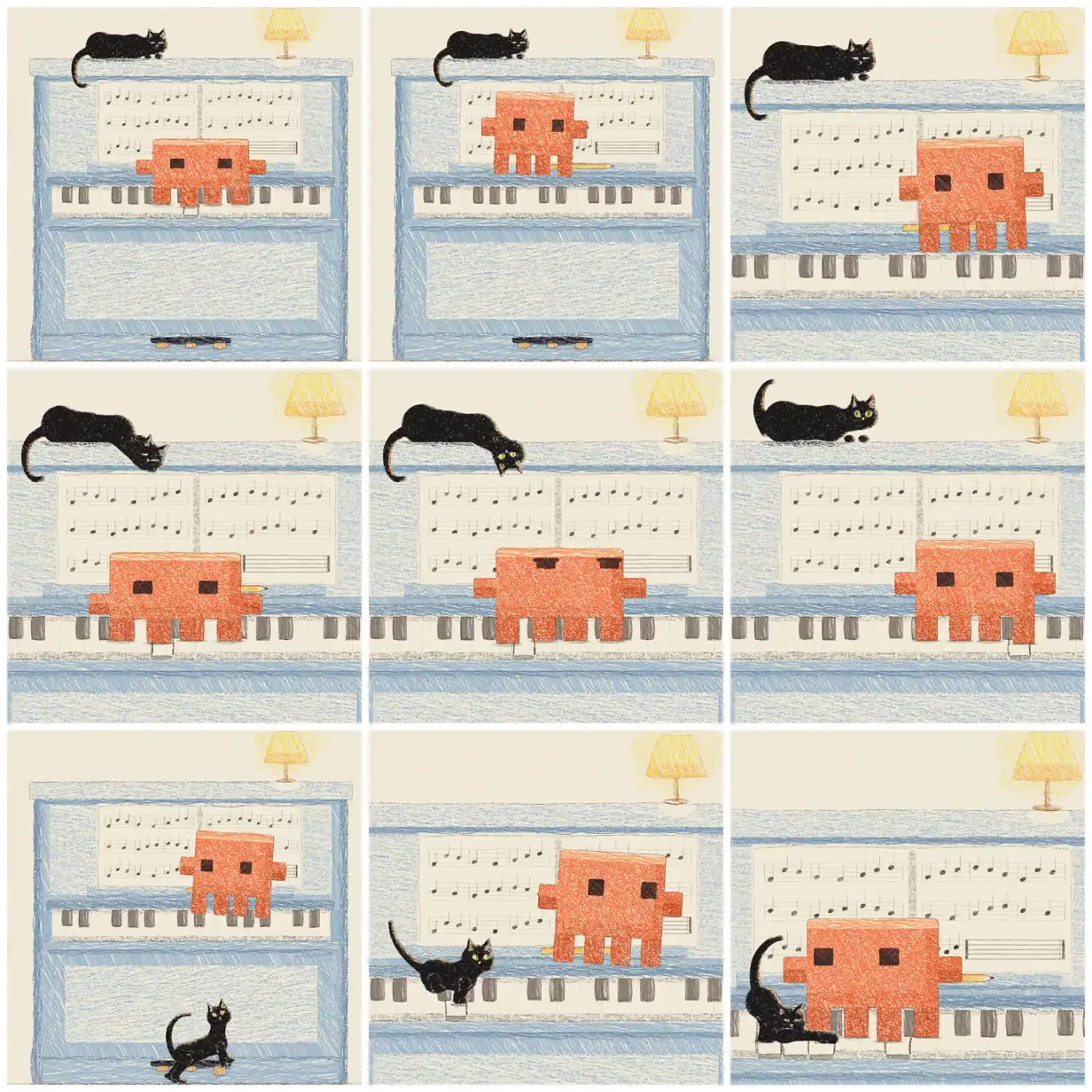 Nine frames from across Orange character and cat at a piano