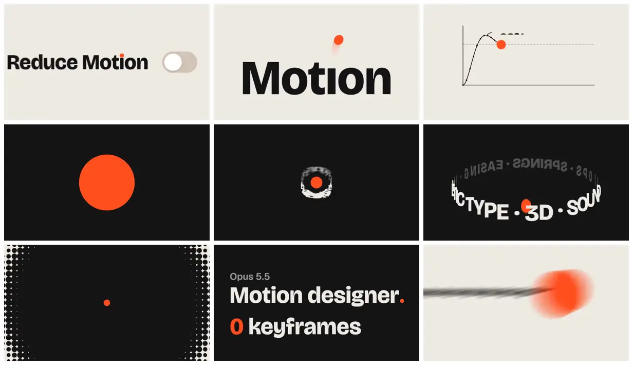 Nine frames from across Orange dot and motion design type
