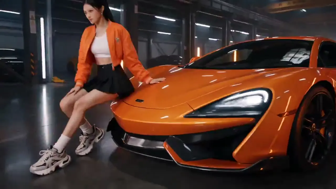 Frame from Orange fashion in a sports car garage