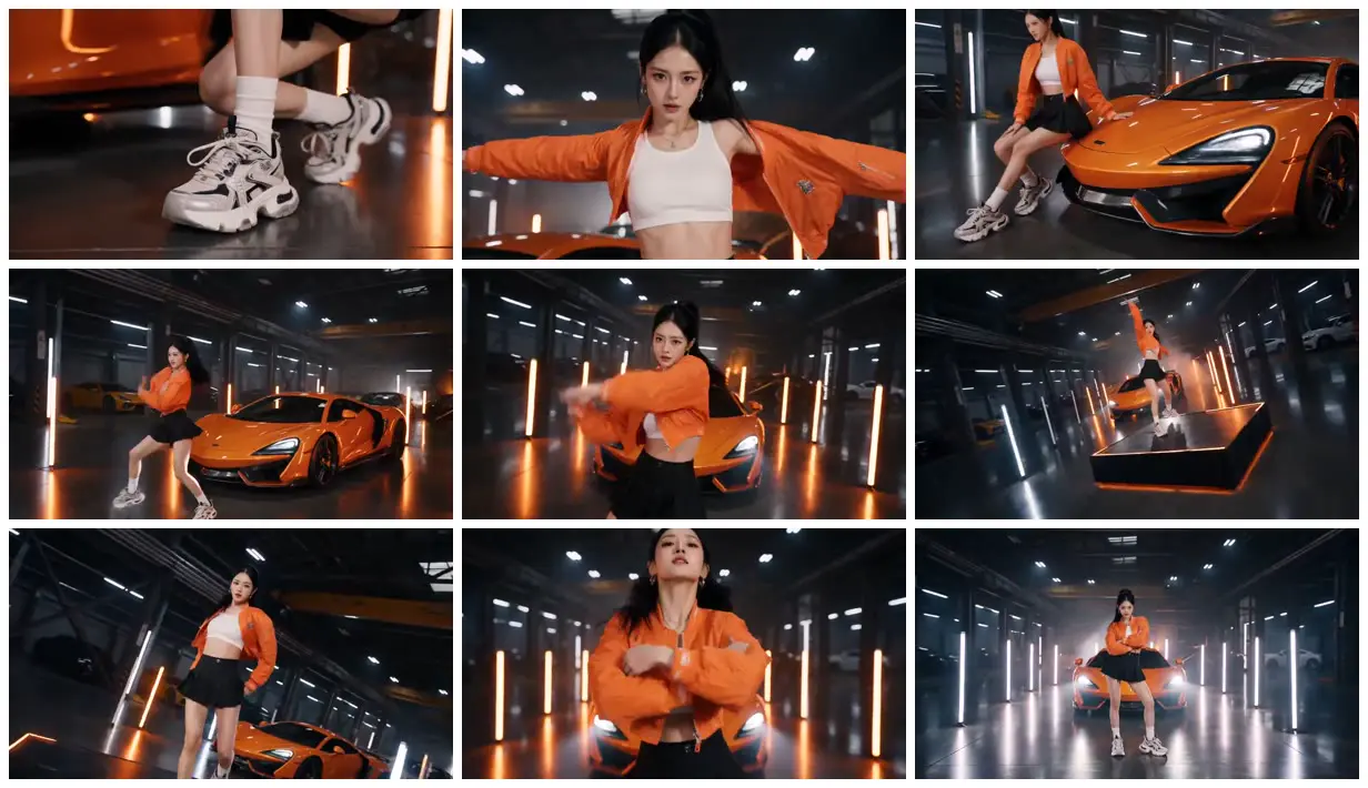 Nine frames from across Orange fashion in a sports car garage