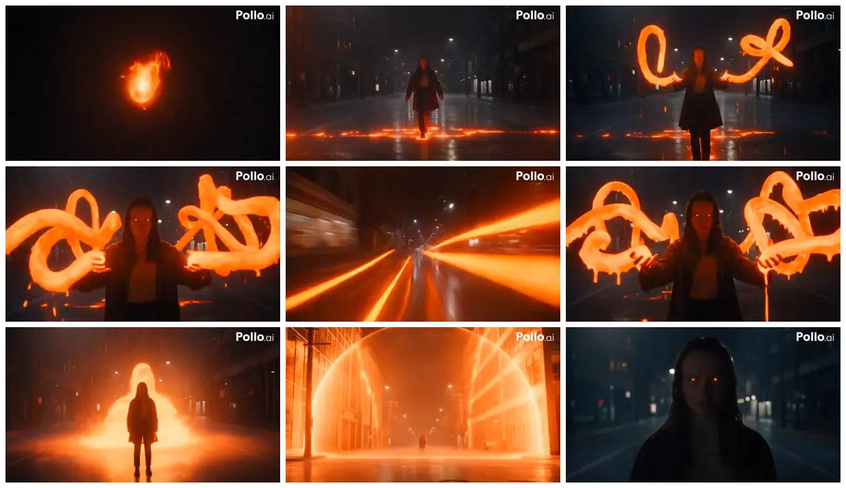 Nine frames from across Orange fire on a rain-soaked street