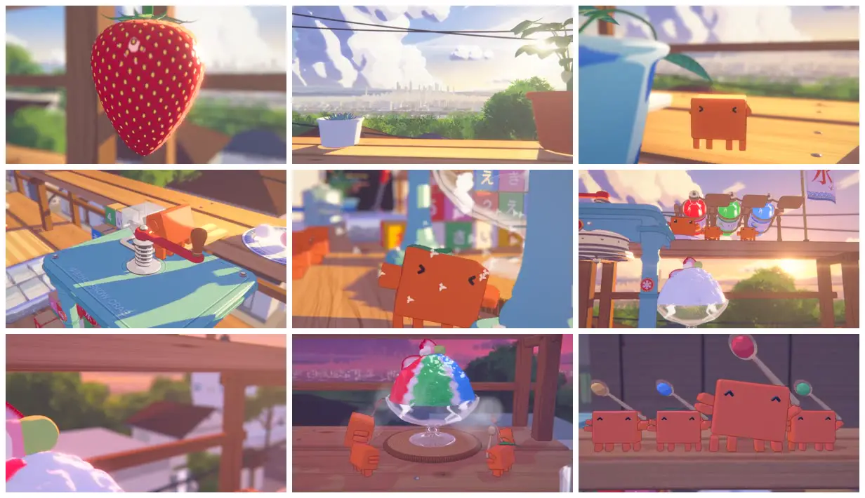 Nine frames from across Orange mascots at a shaved-ice shop