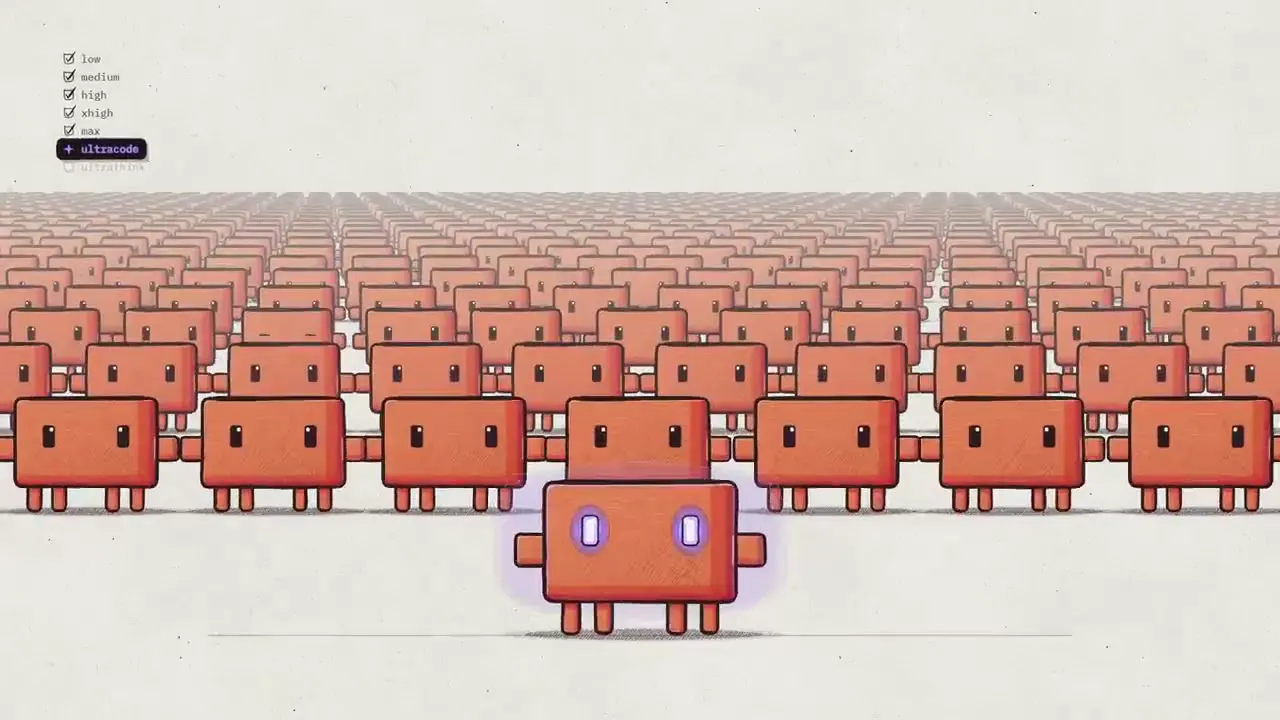 Frame from Orange robots illustrate effort levels