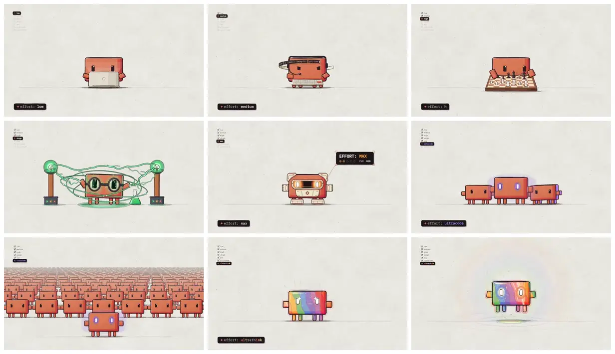 Nine frames from across Orange robots illustrate effort levels