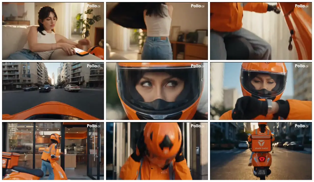 Nine frames from across Orange scooter delivery rider