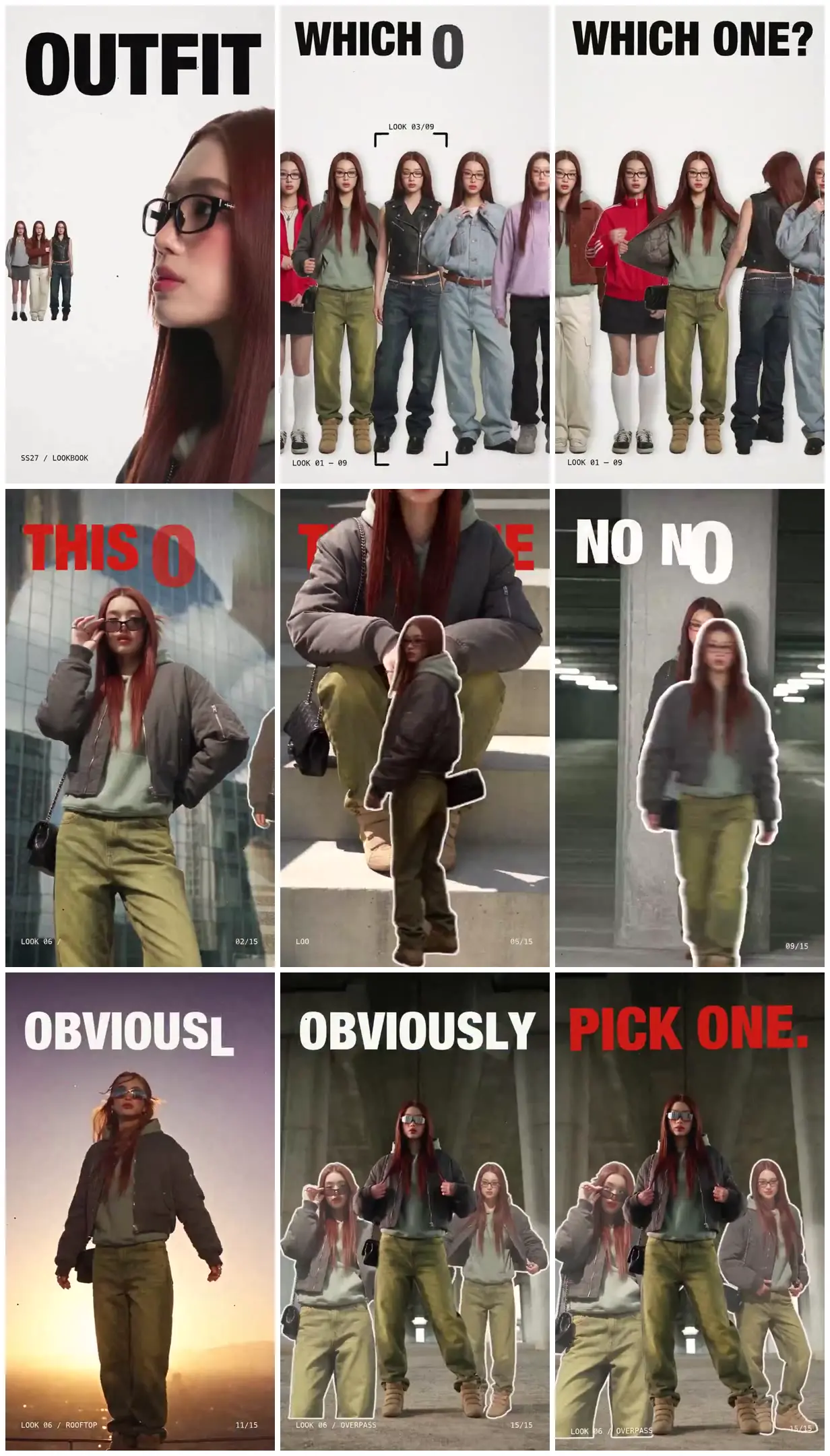 Nine frames from across Outfit lineup and cutout collages