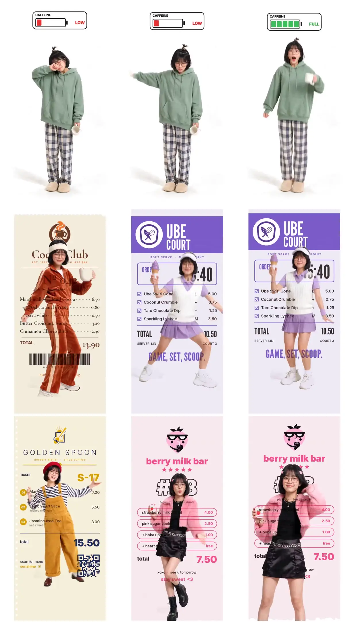 Nine frames from across Outfits on dessert receipts