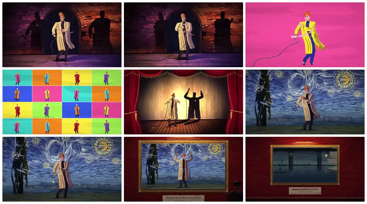 Nine frames from across Painted singer in changing art worlds