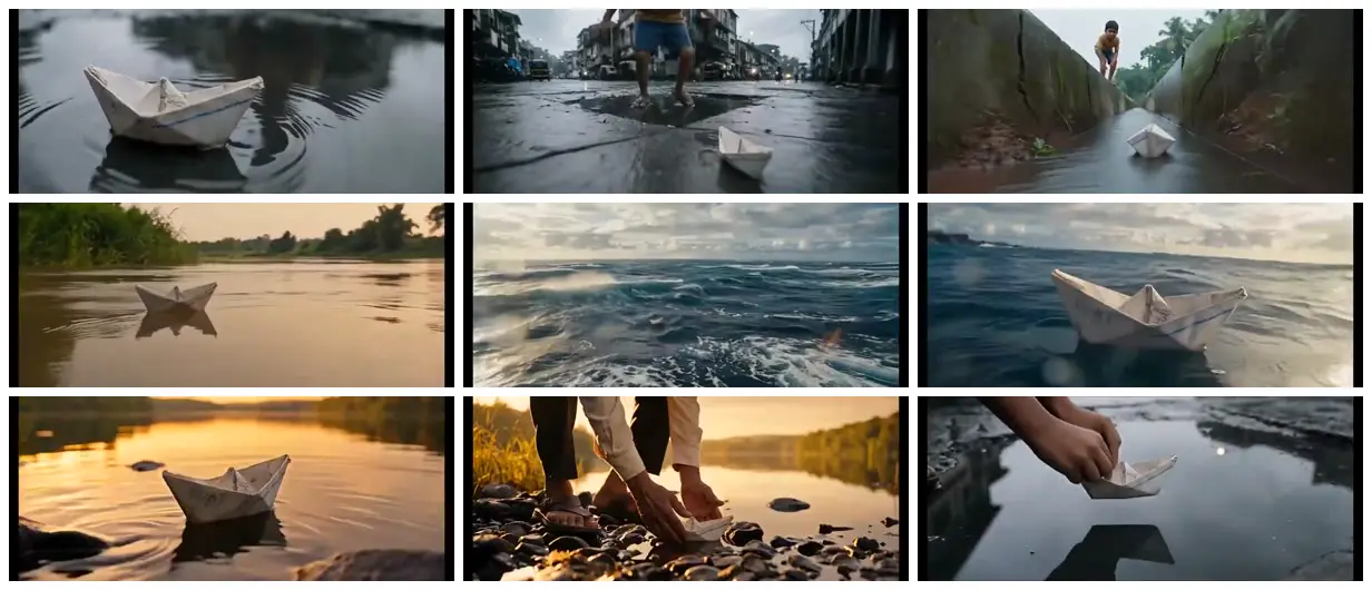 Nine frames from across Paper boat from puddle to sea
