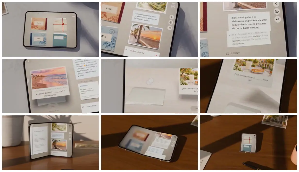 Nine frames from across Paper correspondence on a folding phone