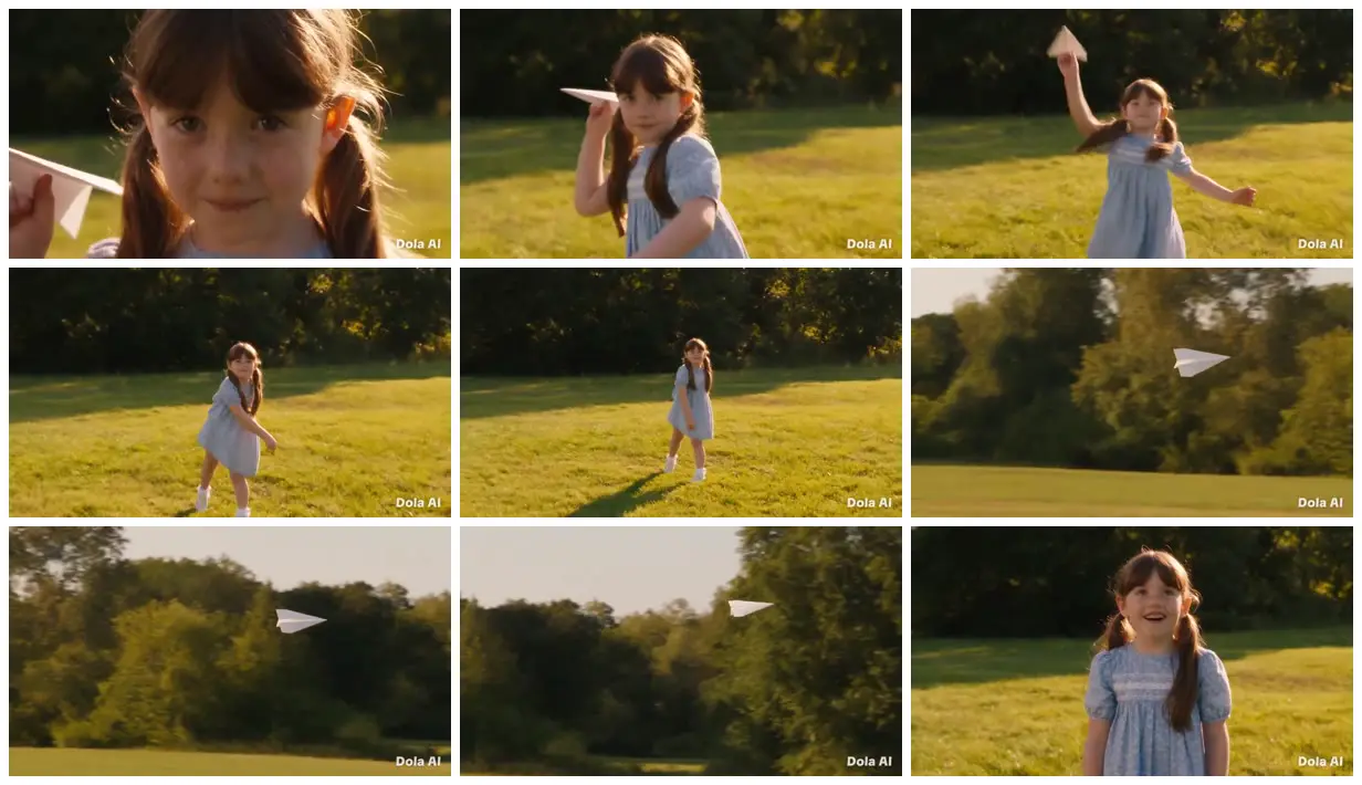 Nine frames from across Paper plane in a sunlit field