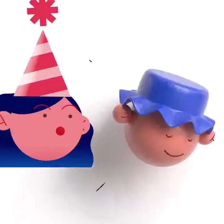 Frame from Party hats and blue-clad characters