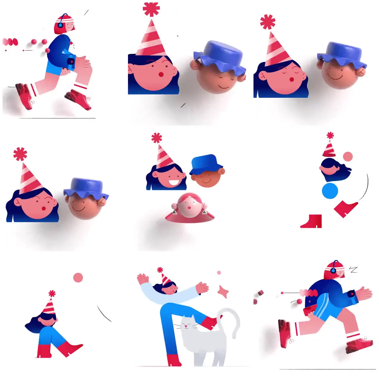 Nine frames from across Party hats and blue-clad characters
